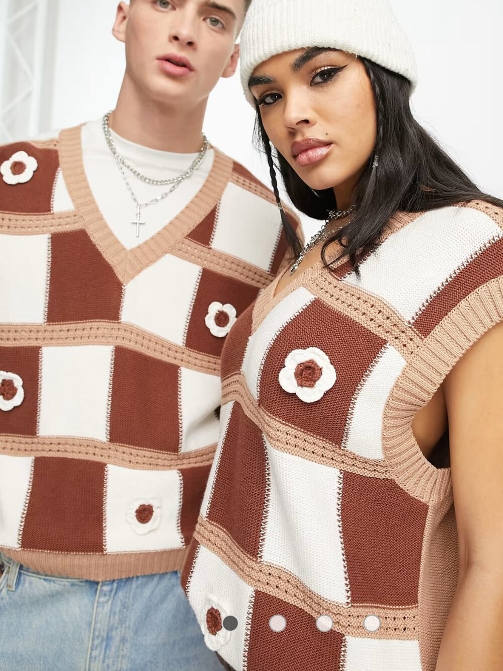 ASOS Unisex Knitted Checkerboard Tank with Floral Appliqué - Brown & Cream XL
